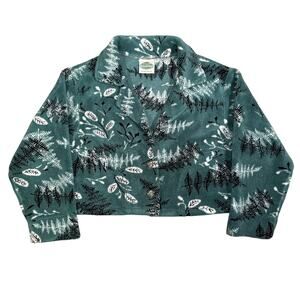 Vintage 90s Forest Print Green Fleece Jacket Womens M Cropped Fit USA Made